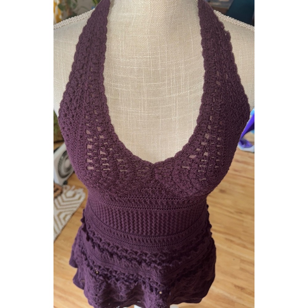Moda International Purple Crochet Halter Top Tiered Ruffle Hem Boho Festival M - Picture 2 of 7